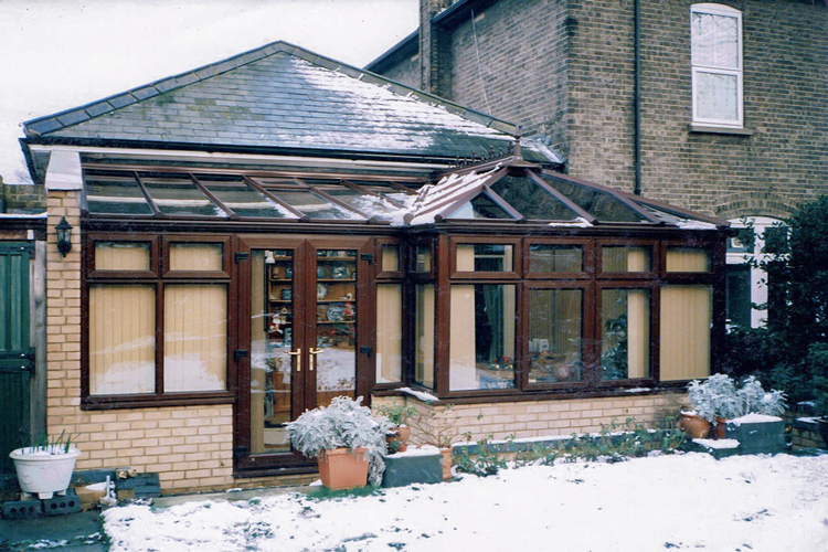Rose wood PVCu Edwardian Combination Dwarf wall Conservatory with Solar control self cleaning glass & French doors