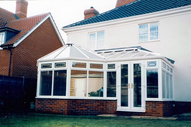 White PVCu Victorian P Shape Combination Dwarf wall Conservatory with Solar control self cleaning glass & French doors