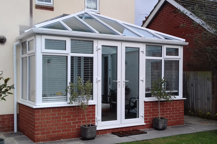 Edwardian Conservatory, Sloar control self cleaning Glass roof. Fanlight opening windows & French door
