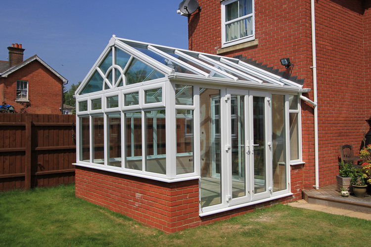 White PVCu Georgian Gable Conservatory with Solar control self cleaning roof & French doors