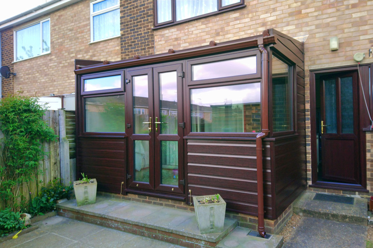 PVCu Rose wood effect Lean-To Conservatory with French doors & solar control glass roof